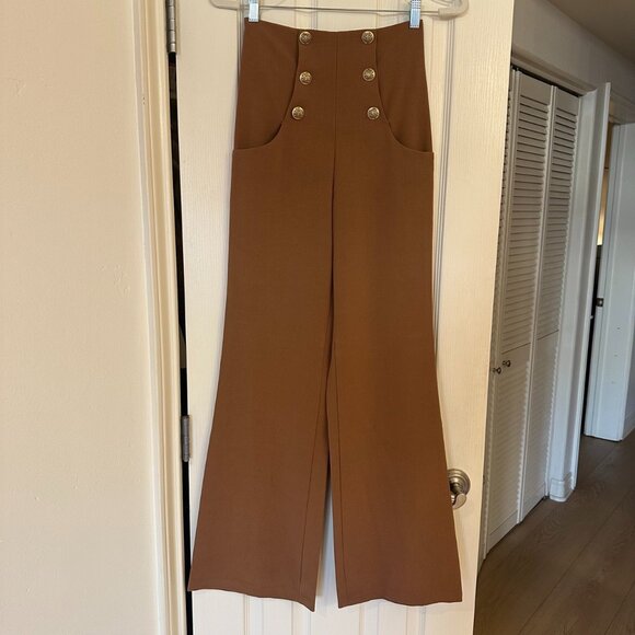 Women's Brown High Waisted Trouser with Gold Buttons - Small - Picture 1 of 8